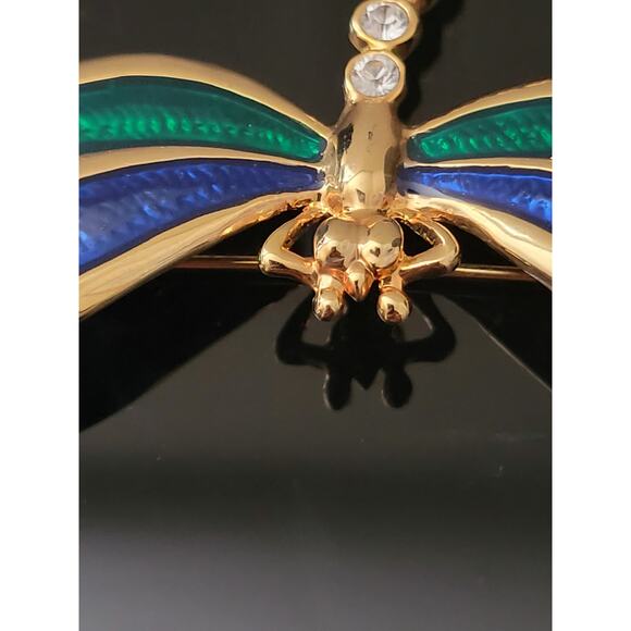 Dragonfly Pin Brooch Blue Green enamel on Wings Rhinestones on Tail Nice Quality - Picture 2 of 8